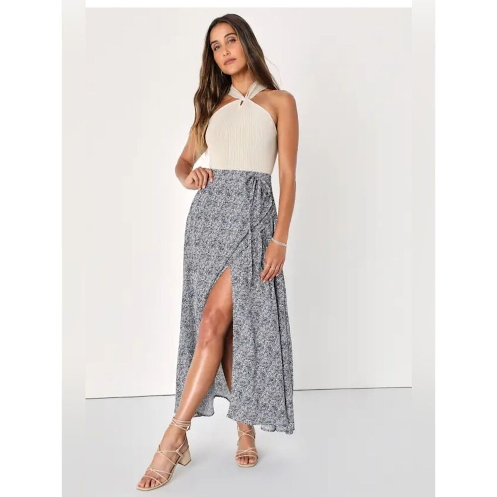 Lulus Beautiful‎ Tempest Navy Blue Print Wrap Maxi Skirt